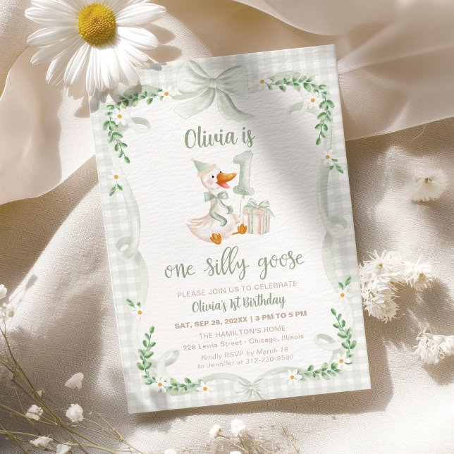 En dum gås grön blomsterbåge för 1-års födelsedag inbjudningar (Skapare uppladdad)