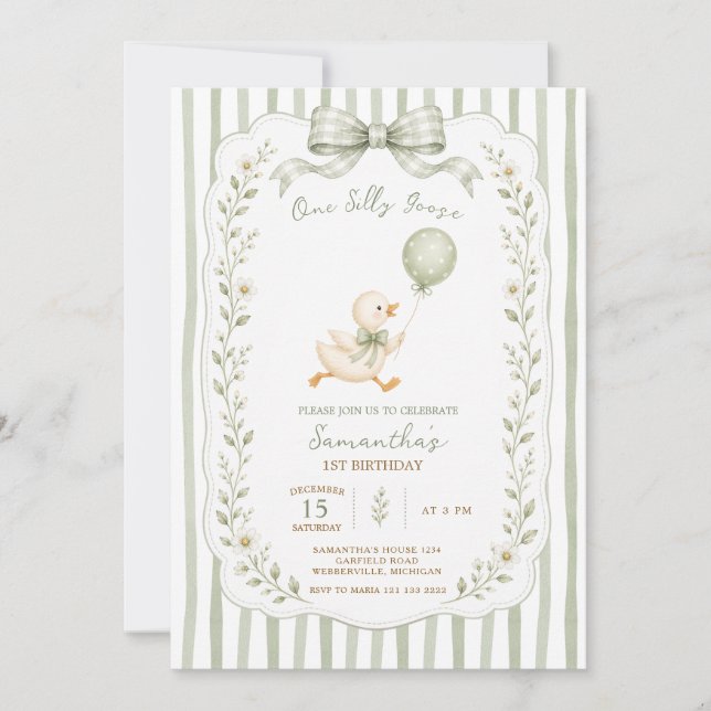 En dum gås grön rosett flicka 1-årsdag  inbjudningar (Framsida)
