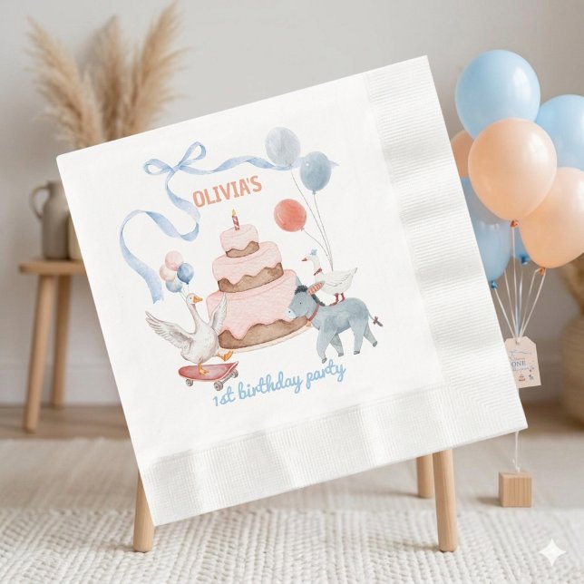 En dum gås Könsneutral 1-års födelsedag Pastell Pappersservett (​Make a splash at your little one's big milestone with our "One Silly Goose" napkins!)