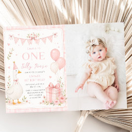 En dum gås rosa blommig 1-års födelsedagsfoto inbjudningar