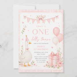 En dum gås rosa blommig 1-årsdag inbjudningar
