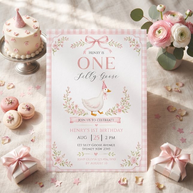 En dum gås rosa blommig 1-årsdag  inbjudningar (Skapare uppladdad)