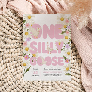 En dum gås Rosa blommiga tjejer 1-årsdag Inbjudningar