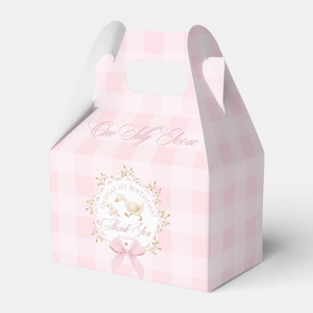 En dum gås rosa gingham 1-årsfest presentaskar (Framsidan Sidan)