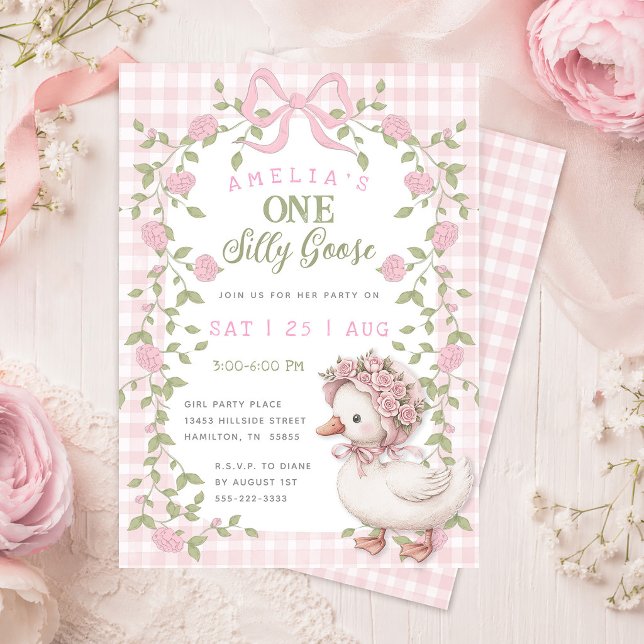En dum gås rosa gingham födelsedagsfest inbjudningar (One Silly Goose Pink Gingham Birthday Party Invitation)