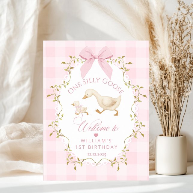 En dum gås rosa gingham välkomstskylt för 1-årsdag poster (Skapare uppladdad)