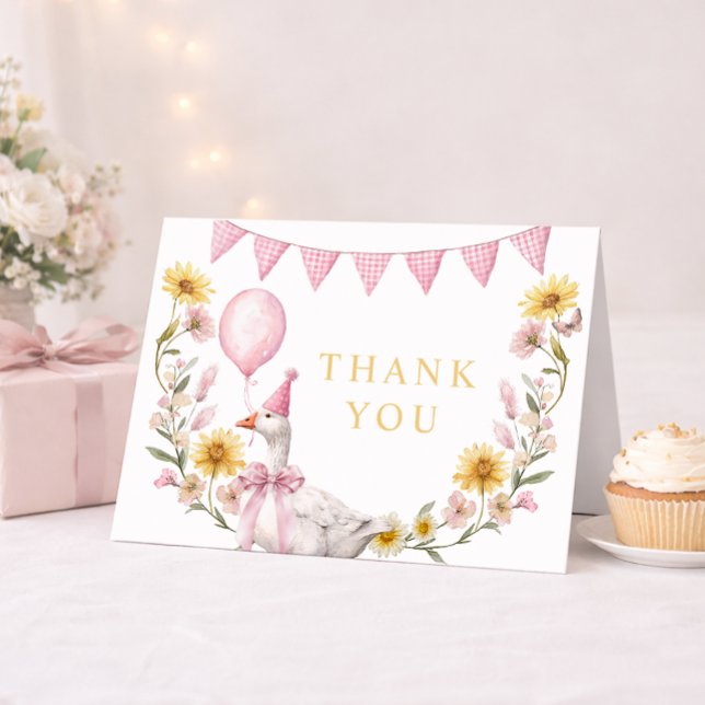En dum gås rosa rosett 1-års födelsedags tackkort (Silly Goose Thank You Card)