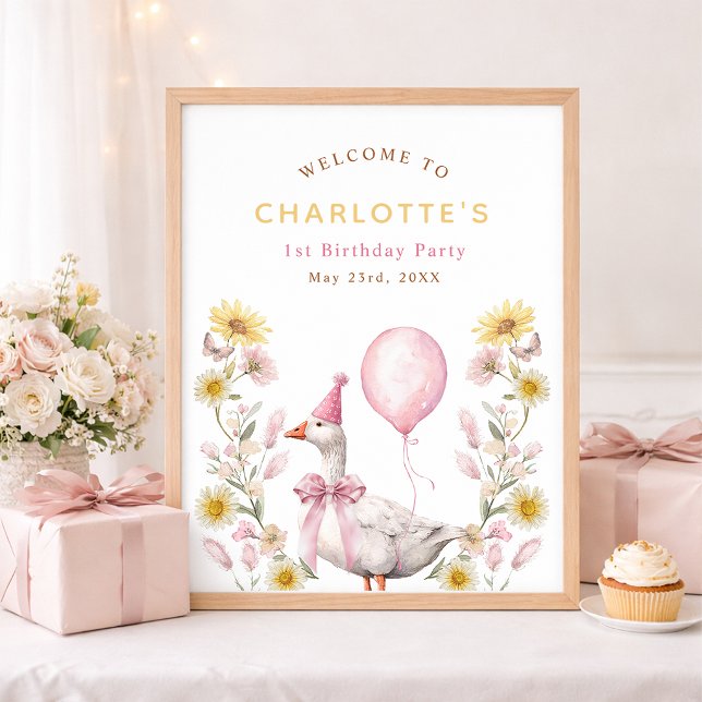 En dum gås rosa rosett 1-års välkomstfirande poster (Welcome Sign Poster)