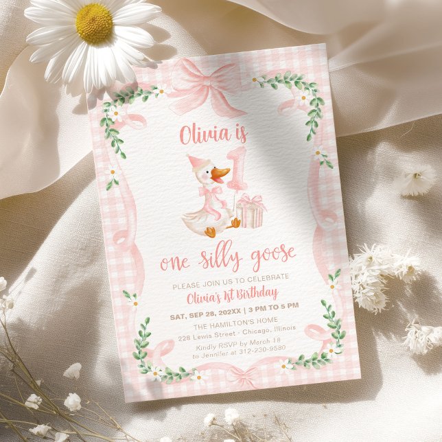 En dum gås rosa rosett blommig 1-års födelsedag inbjudningar (Skapare uppladdad)