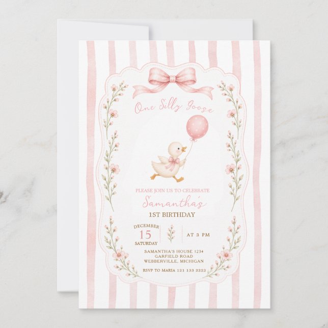 En dum gås rosa rosett flicka 1-årsdag  inbjudningar (Framsida)