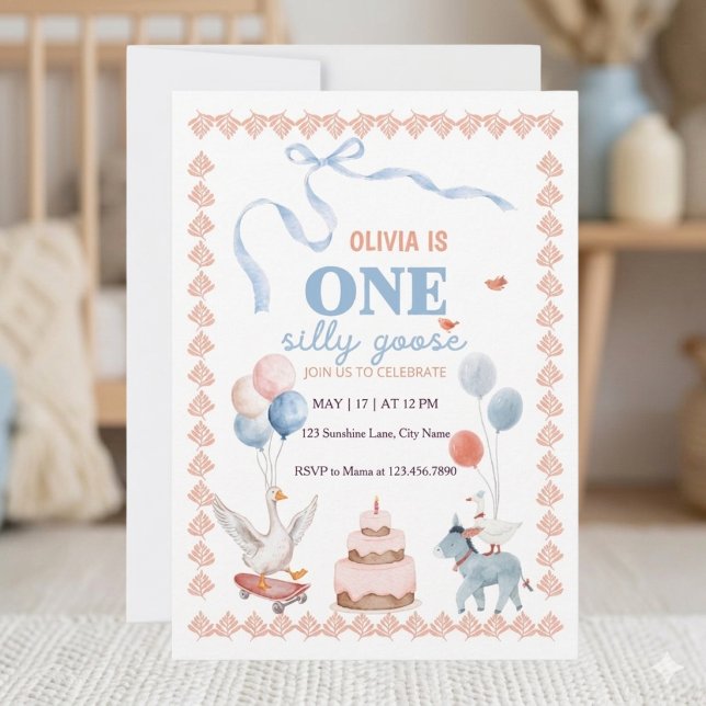 En dum gåsflicka Första födelsedagen Vattenfärg Inbjudningar (Celebrate a milestone with this charming "One Silly Goose" first birthday watercolor invitation!)