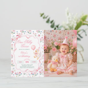 En dum gäss ballongflicka 1-års födelsedagsfoto inbjudningar