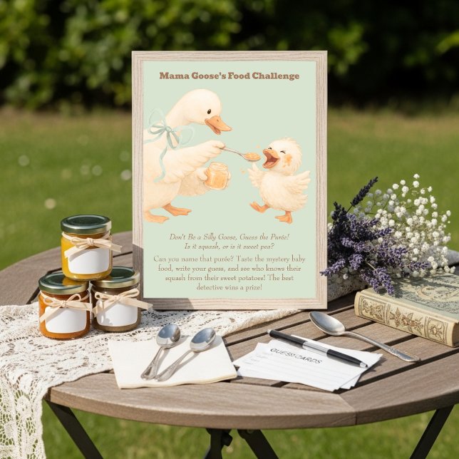 En dum Goose Green Baby Food Challenge Game Skylt Inbjudningar (A silly Goose Green Baby Food Challenge Game Sign )