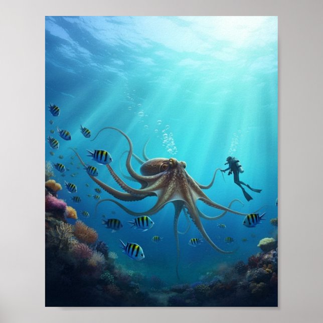 En dykare upptäcker ett jättelikt havsmonster poster (Framsidan)