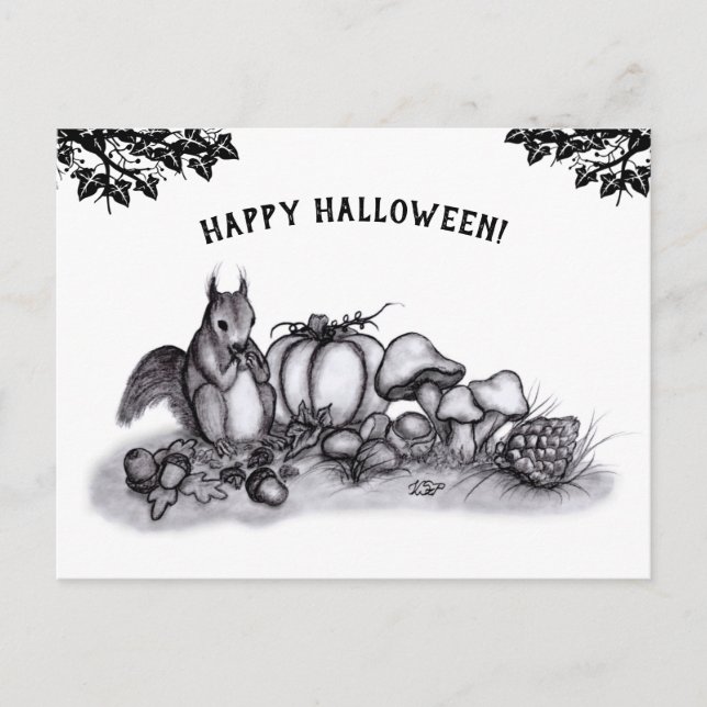 En ekorre på hösten, Happy halloween! Vykort (Framsida)