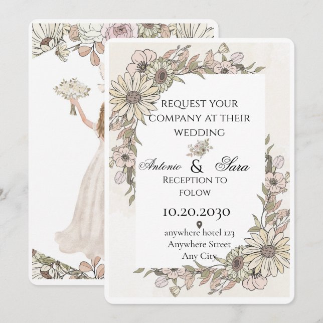 En elegant bröllopsceremoni prydd med blommor. inbjudningar (Fram/baksida)