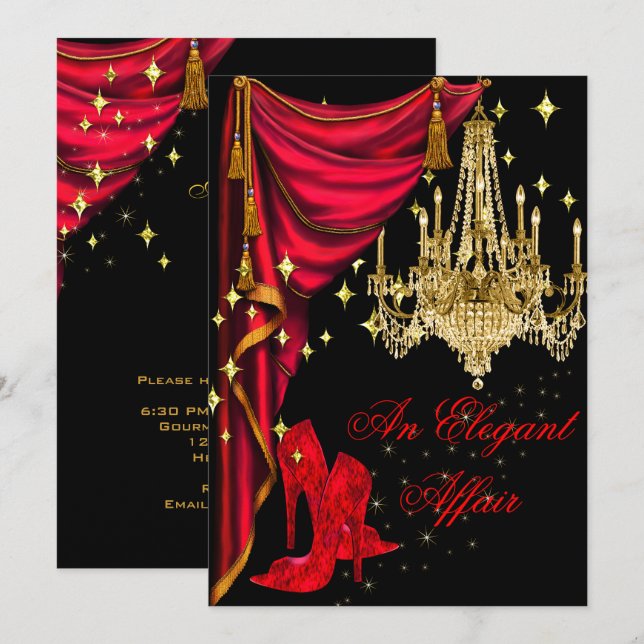 En Elegant påverkar Red Guld Chandelier Birthday Inbjudningar (Fram/baksida)