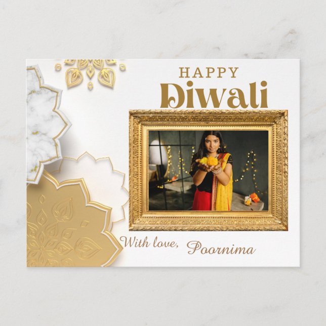 En elegant vit & guld Diwali hälsning Vykort (Framsida)