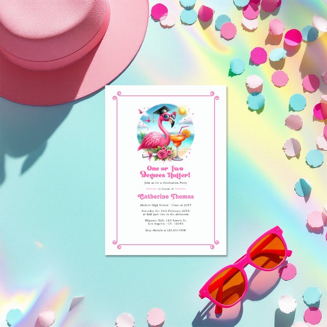 En eller två grader Värre Hett-Rosa Flamingo Grad Inbjudningar (One or Two Degrees Hotter Hot-Pink Flamingo Grad Invitation)