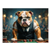 En engelsk bulldogg som croupier på ett kasino -