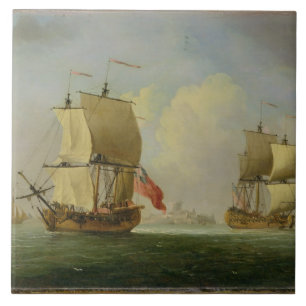 En engelska Sloop och en Frigate i en ljus bris ( Kakelplatta