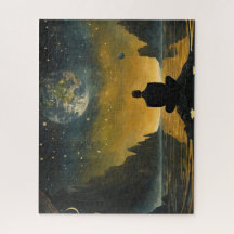 En ensam man i ett surrealistiskt landskap