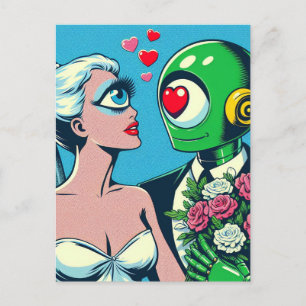 En Eyed Alien Woman och Grönt Robot i Kärlek Vykort