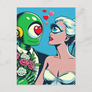En Eyed Alien Woman och Grönt Robot i Kärlek Vykort