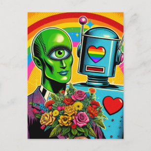 En Eyed Grönt Alien och en Robot Bröllop Vykort