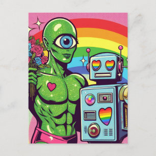 En Eyed Grönt Alien och en Robot i Kärlek Vykort