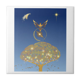 En fågel som flyger över en gyllene träd kakelplatta