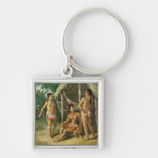 En familj för LeewardöCarib utanför en koja, c.17 Fyrkantig Silverfärgad Nyckelring (Framsidan)