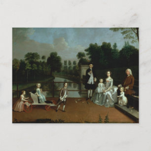 En familjegrupp på en terrass i en trädgård, 1749 vykort