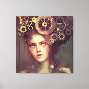En fantastisk kvinna med steampunk i huvudet canvastryck
