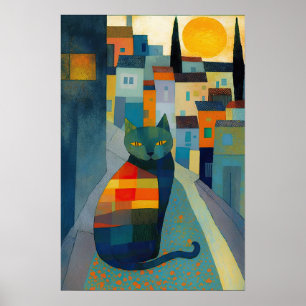 En färgad stad med karaktäristiskt katt poster