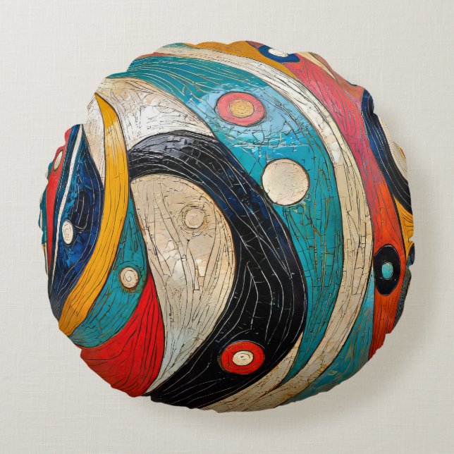 En färgfull Retro-Abstrakt Rund Kudde (Framsidan)