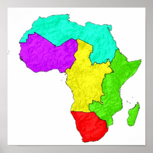 En färgkodad karta över Afrika med dess regioner Poster