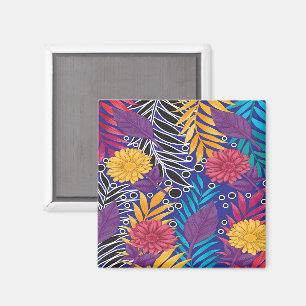 en färglös blomma och löv mönster på blå bas magnet