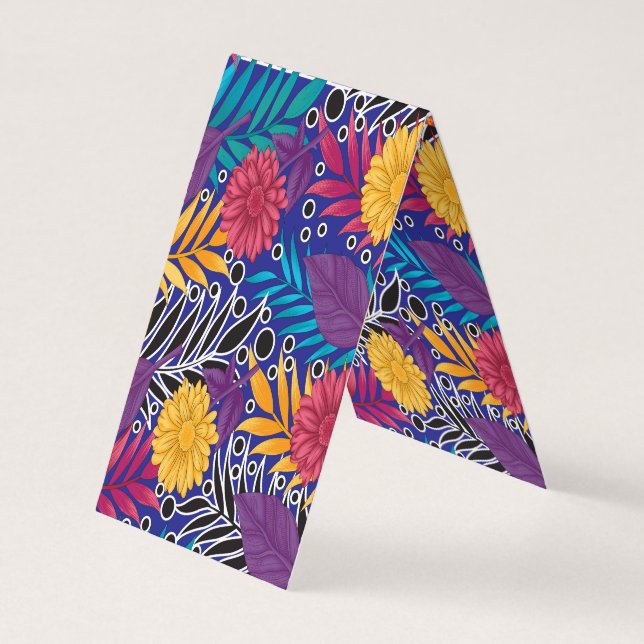 en färglös blomma och löv mönster på blå bas visitkort (Baksida)