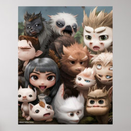 En färglös grupp söta djur och en flicka poster