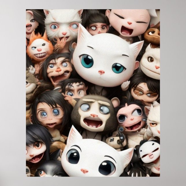 En färglös grupp söta djur och en katt poster (Framsidan)