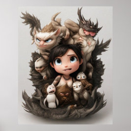 En färglös grupp söta djur och en pojke poster