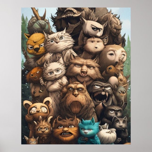 En färglös grupp söta monster som ger poster (Framsidan)