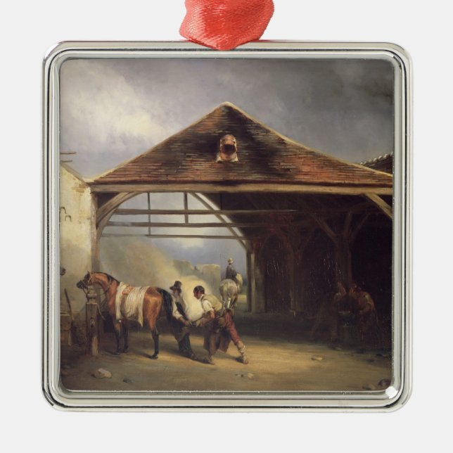En Farrier som skor en häst Julgransprydnad Metall (Framsidan)