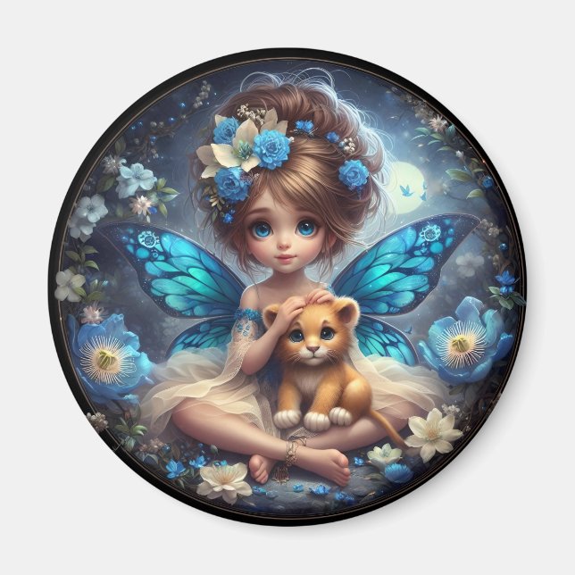 En fe och hennes lejonunge - Blå magnet (Framsidan)