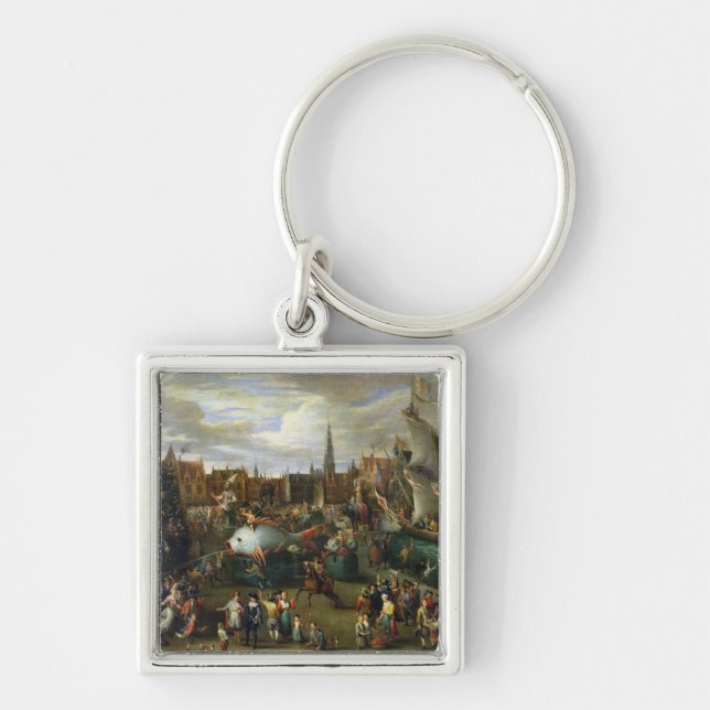 En festival på Antwerp Fyrkantig Silverfärgad Nyckelring (Framsidan)