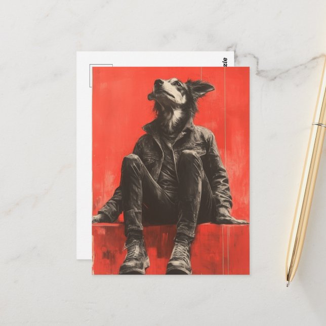 En fin del Hund, människa i Black Denim Vykort (Fram/Back In Situ)