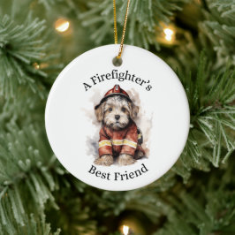 En Firefighters Best Friend Hund Fireman Outfit Julgransprydnad Keramik