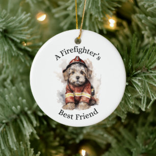 En Firefighters Best Friend Hund Fireman Outfit Julgransprydnad Keramik