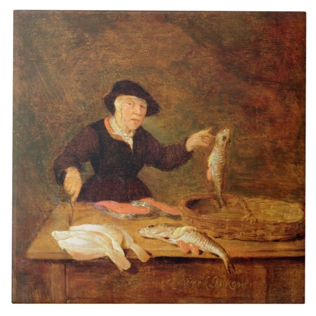 En Fishmonger, c.1667 (olja på panel) Kakelplatta (Framsidan)